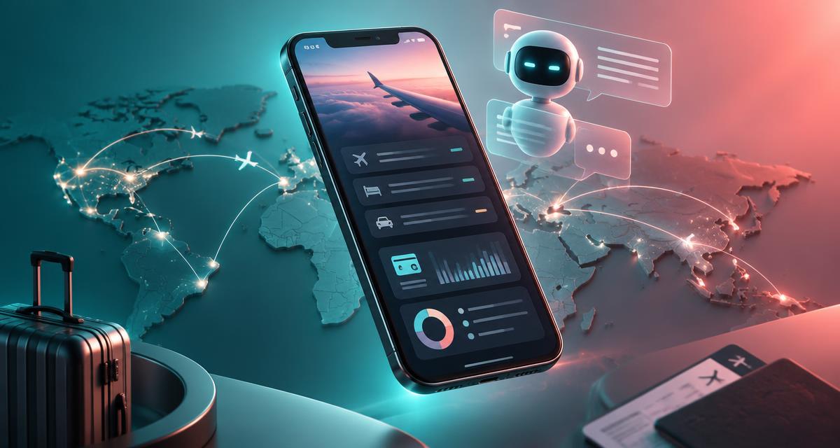 Smartphone com dashboard de viagens corporativas e rotas de voo sobre um mapa mundial — ilustração da plataforma all in one com IA da TRAVEL MANAGER.AI