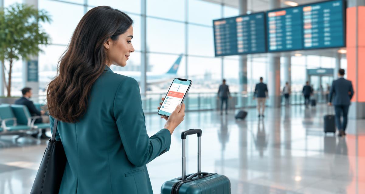 Viajante corporativa consultando alertas de viagem no celular em um aeroporto, ilustração sobre prevenção de no-show