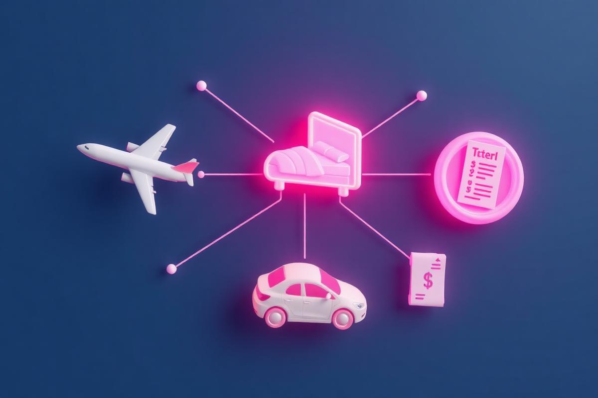Plataforma all-in-one superapp de viagens corporativas: ícones de avião, hotel, carro e recibo conectados a um hub central, unindo viagem e despesa no mesmo sistema