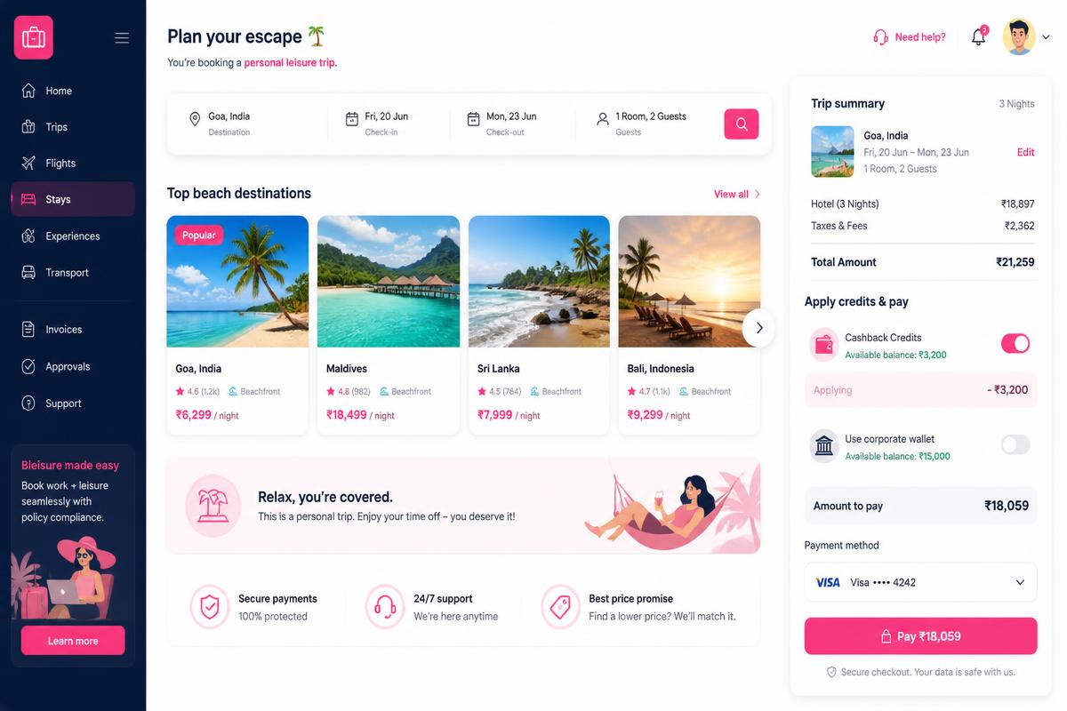 Portal bleisure mostrando reserva de viagem pessoal com pagamento usando créditos de cashback corporativo