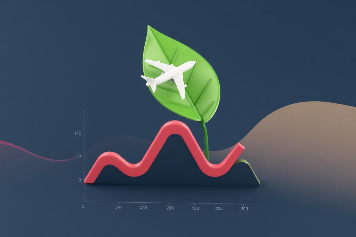 Relatório ESG: folha verde e avião sobre um gráfico de emissões de CO₂ geradas pelas viagens corporativas
