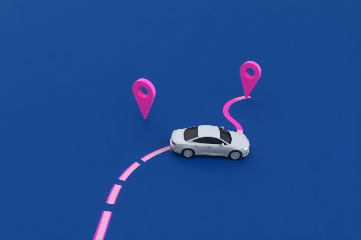Controle de KM: carro percorrendo uma rota com marcadores de GPS, ilustrando o cálculo automático de reembolso por quilometragem