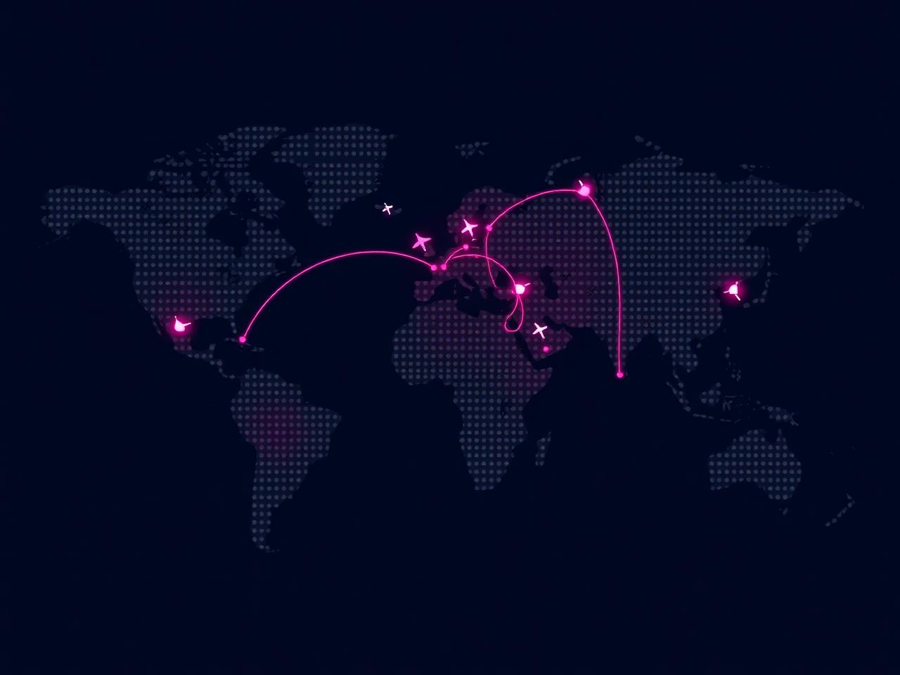 Mapa-múndi com rotas aéreas conectando continentes, representando a presença global do TRAVEL MANAGER.AI